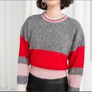 & Other Stories Grey Pink Red Ivory Striped Crewneck Sweater